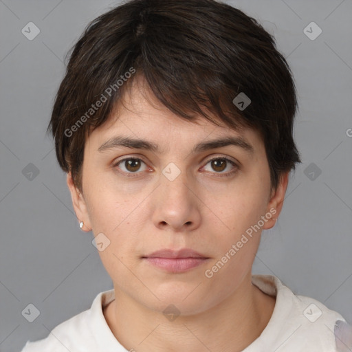 Neutral white young-adult female with short  brown hair and brown eyes