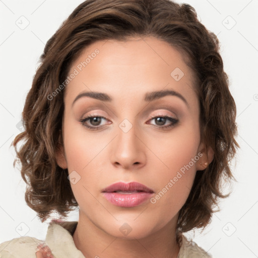 Neutral white young-adult female with medium  brown hair and brown eyes