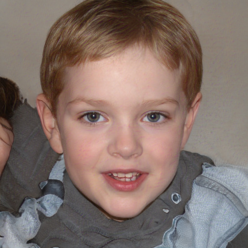 Joyful white child female with short  brown hair and blue eyes