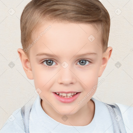 Joyful white child female with short  brown hair and brown eyes