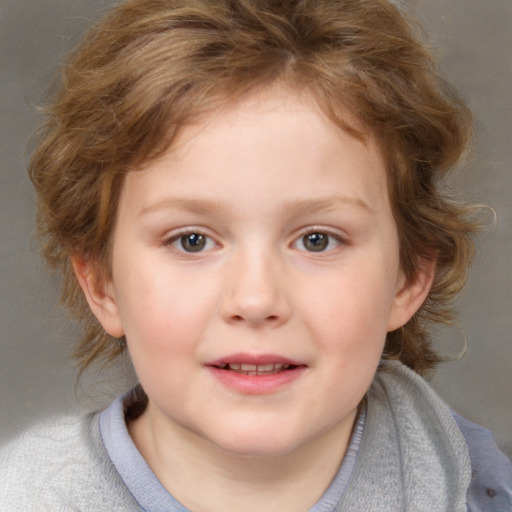 Joyful white child female with medium  brown hair and blue eyes