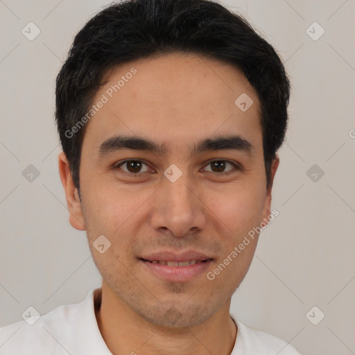 Joyful latino young-adult male with short  brown hair and brown eyes