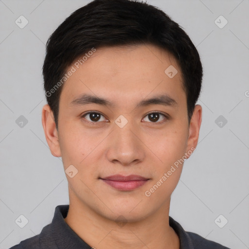 Joyful asian young-adult male with short  black hair and brown eyes