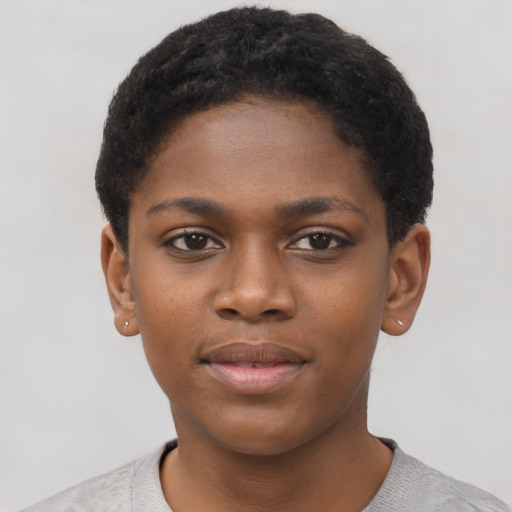 Neutral black young-adult female with short  black hair and brown eyes