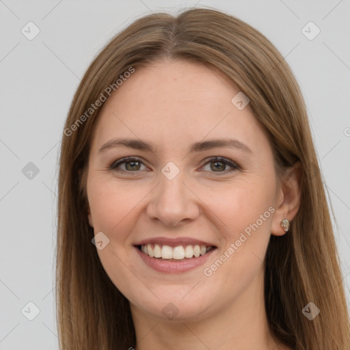 Joyful white young-adult female with long  brown hair and grey eyes