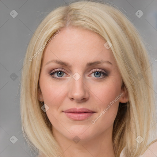 Joyful white young-adult female with medium  brown hair and blue eyes