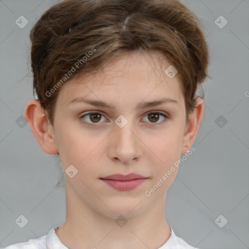 Neutral white young-adult female with short  brown hair and brown eyes