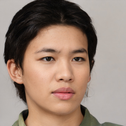 Neutral asian young-adult female with medium  brown hair and brown eyes