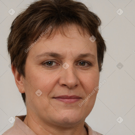 Joyful white adult female with short  brown hair and brown eyes