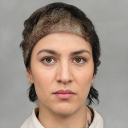 Neutral white young-adult female with short  brown hair and brown eyes