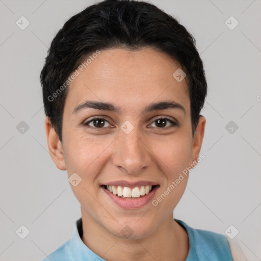 Joyful white young-adult female with short  brown hair and brown eyes