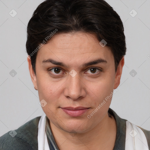 Joyful white adult female with short  brown hair and brown eyes