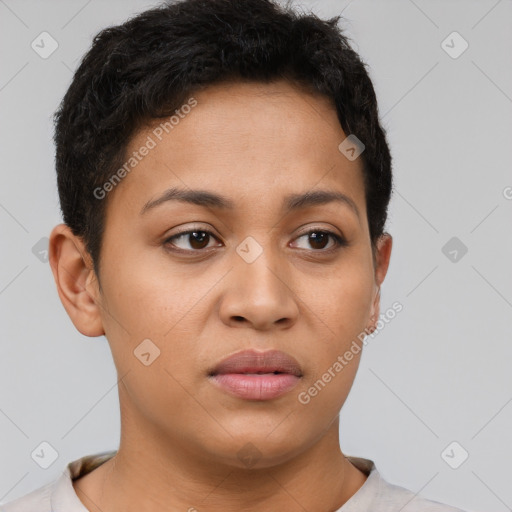 Joyful latino young-adult female with short  brown hair and brown eyes