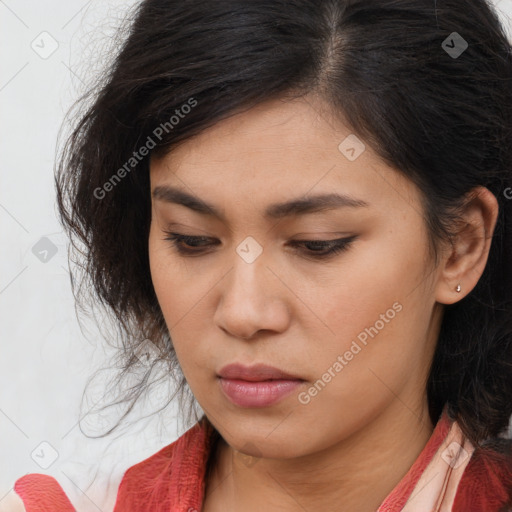 Neutral asian young-adult female with long  brown hair and brown eyes