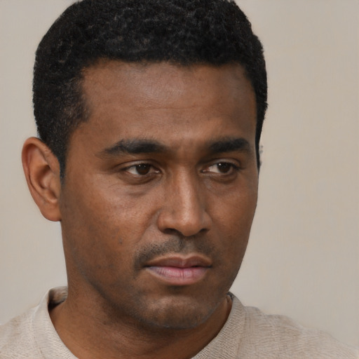 Neutral black young-adult male with short  black hair and brown eyes