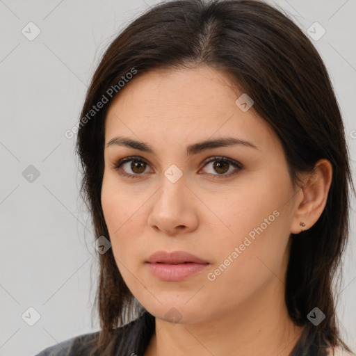 Neutral white young-adult female with medium  brown hair and brown eyes