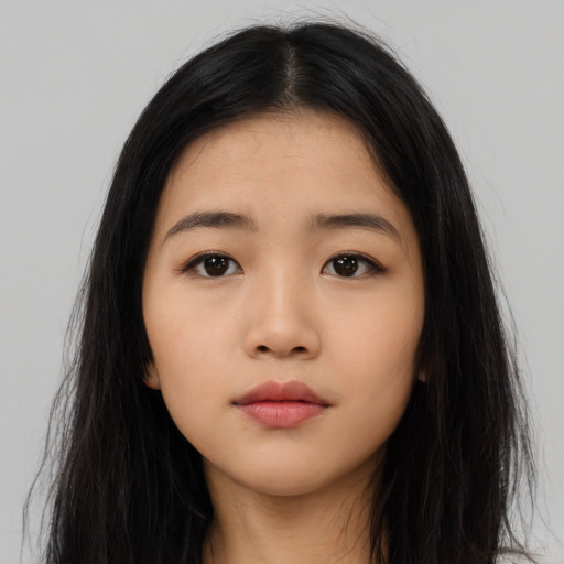 Neutral asian young-adult female with long  black hair and brown eyes