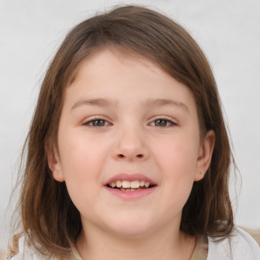 Joyful white child female with medium  brown hair and brown eyes