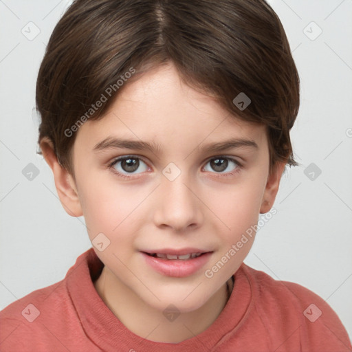 Joyful white child female with short  brown hair and brown eyes