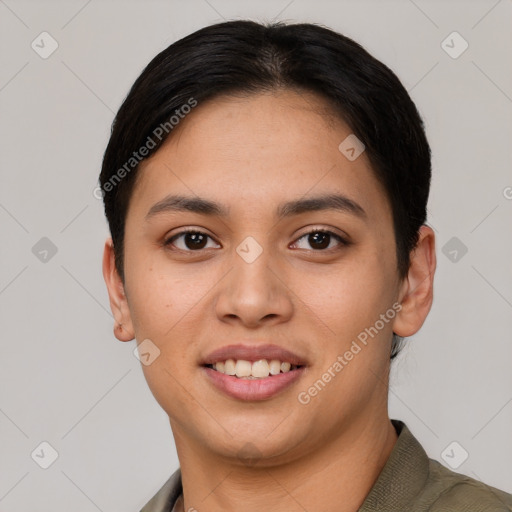 Joyful asian young-adult female with short  brown hair and brown eyes