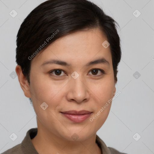 Joyful white young-adult female with medium  brown hair and brown eyes