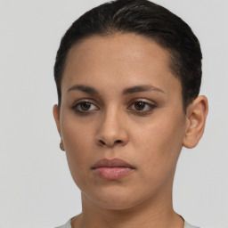 Neutral white young-adult female with short  brown hair and brown eyes