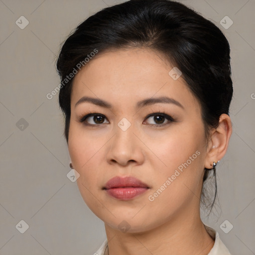 Neutral asian young-adult female with medium  brown hair and brown eyes