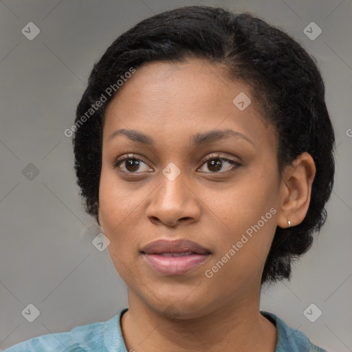 Joyful black young-adult female with medium  black hair and brown eyes