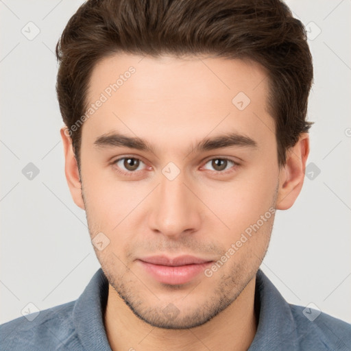 Neutral white young-adult male with short  brown hair and brown eyes