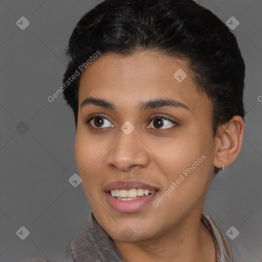 Joyful latino young-adult female with short  black hair and brown eyes