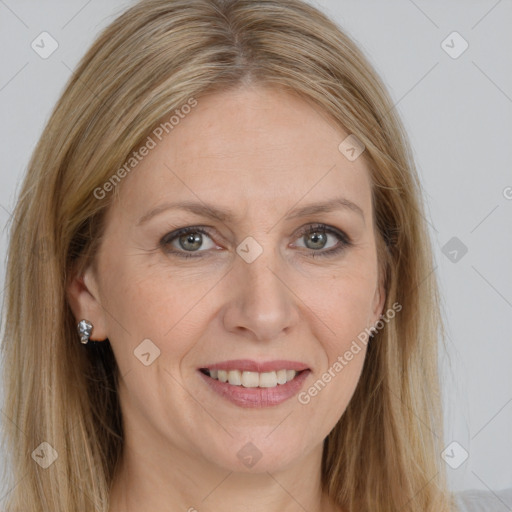 Joyful white young-adult female with long  brown hair and grey eyes