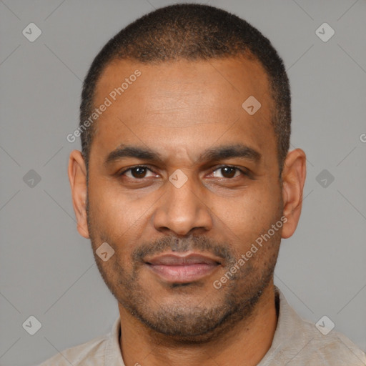 Neutral latino young-adult male with short  brown hair and brown eyes