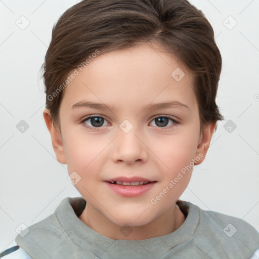 Joyful white child female with short  brown hair and brown eyes