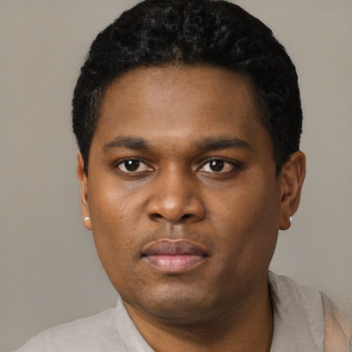Neutral black young-adult male with short  black hair and brown eyes