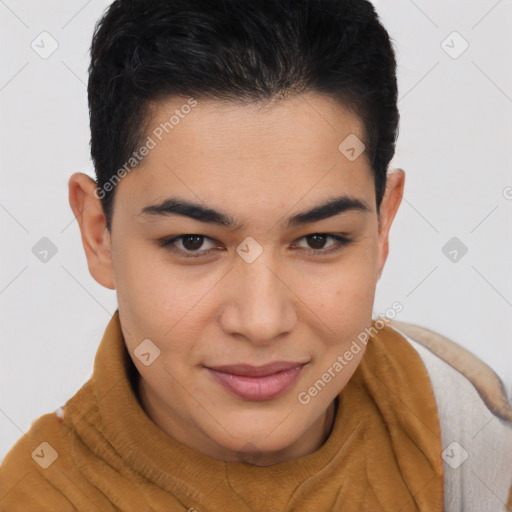 Joyful latino young-adult male with short  brown hair and brown eyes