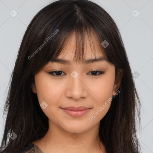 Joyful asian young-adult female with long  brown hair and brown eyes