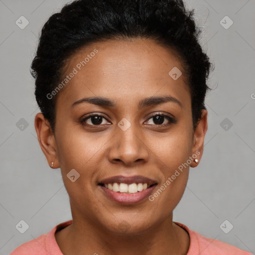 Joyful latino young-adult female with short  brown hair and brown eyes