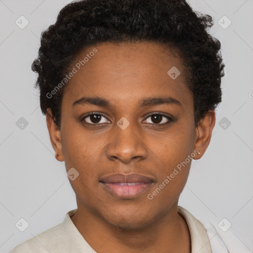 Neutral black young-adult female with short  brown hair and brown eyes