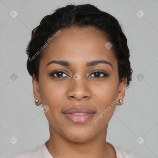 Joyful latino young-adult female with short  black hair and brown eyes