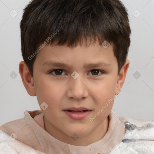 Joyful white child male with short  brown hair and brown eyes