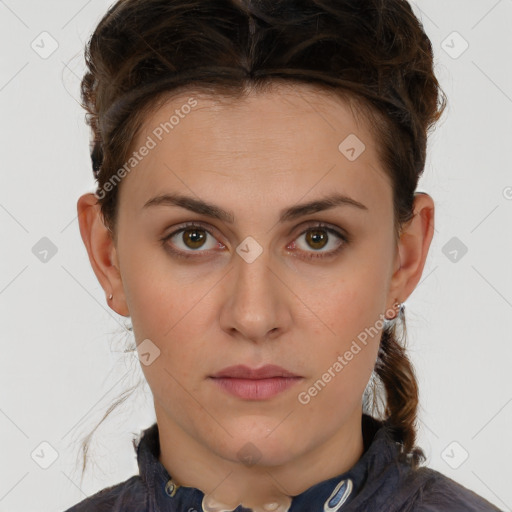 Neutral white young-adult female with short  brown hair and brown eyes