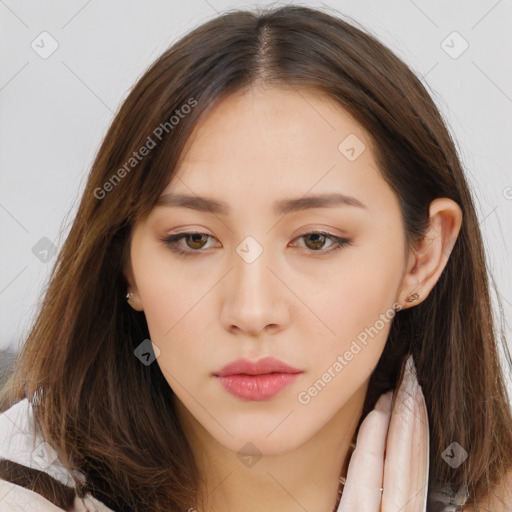 Neutral white young-adult female with long  brown hair and brown eyes