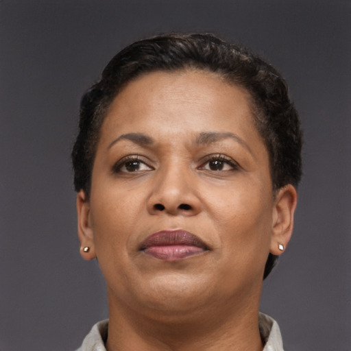 Neutral black adult female with short  brown hair and brown eyes