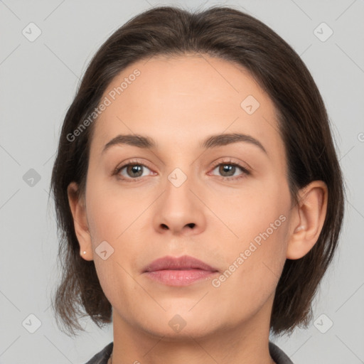 Neutral white young-adult female with medium  brown hair and brown eyes