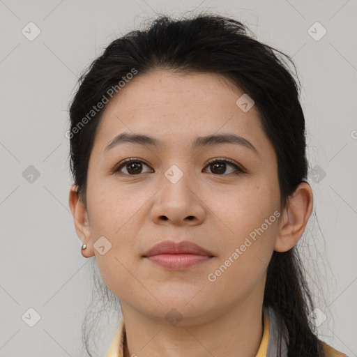 Neutral asian young-adult female with long  brown hair and brown eyes