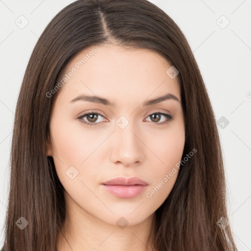 Neutral white young-adult female with long  brown hair and brown eyes