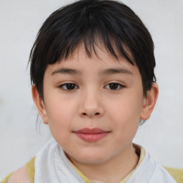 Joyful white child female with medium  brown hair and brown eyes