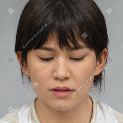 Neutral asian young-adult female with medium  brown hair and brown eyes