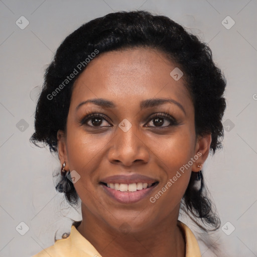 Joyful black young-adult female with medium  black hair and brown eyes