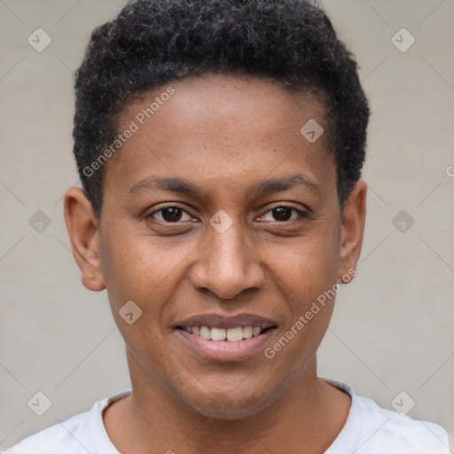 Joyful latino young-adult male with short  brown hair and brown eyes